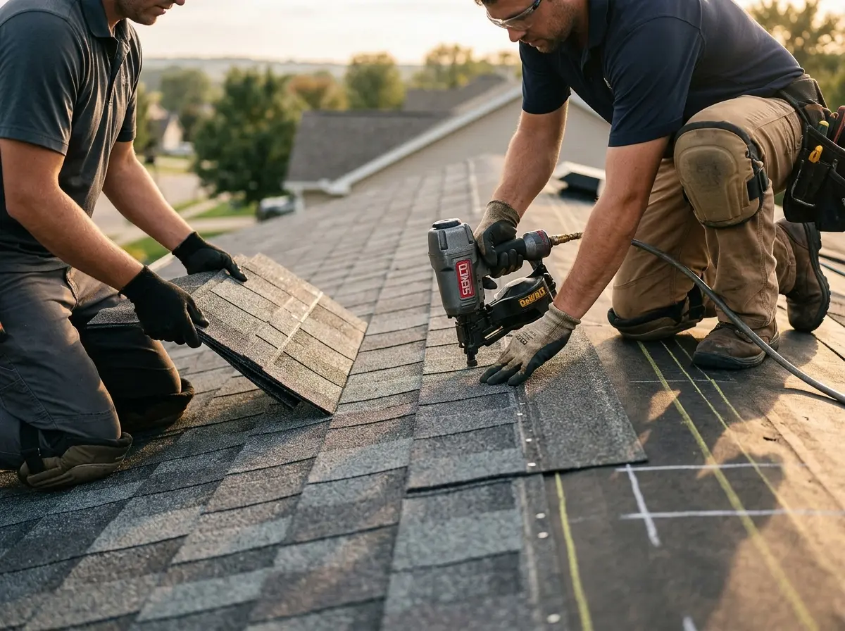 Professional roofer working on a residential roof in Lake Mathews